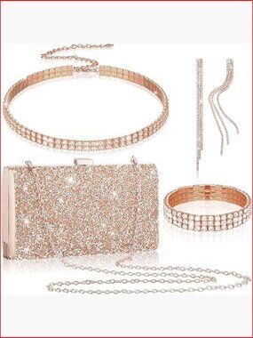 Rhinestone Clutch Bag with Jewelry Set, PU Leather & Alloy, Evening Party
